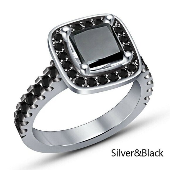 New! Beautiful Princess Cut Black Diamond Halo Ring - US 10 - Picture 3 of 5